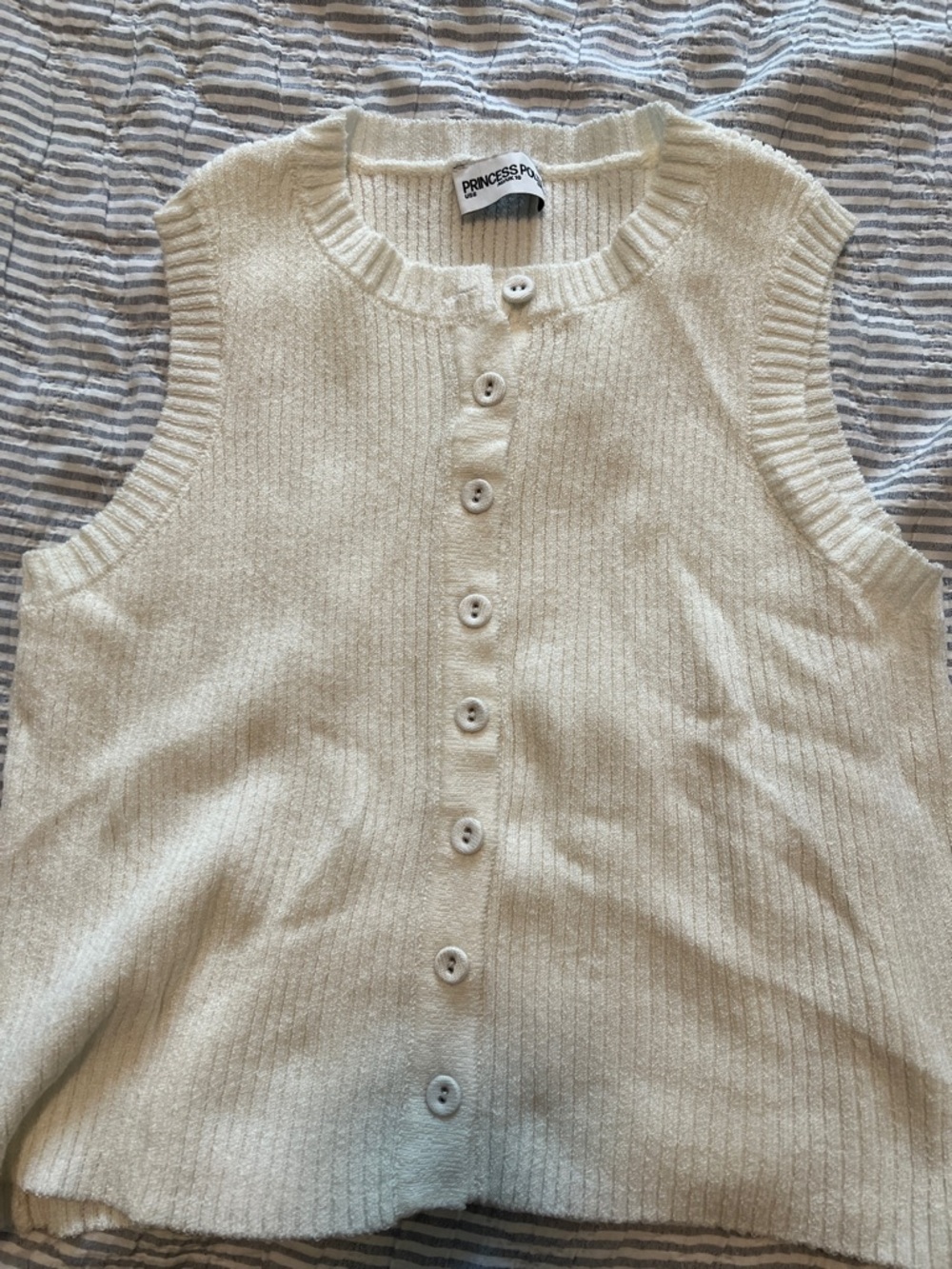 Princess Polly Cream Ribbed Button-Front Sleeveless Knit Top